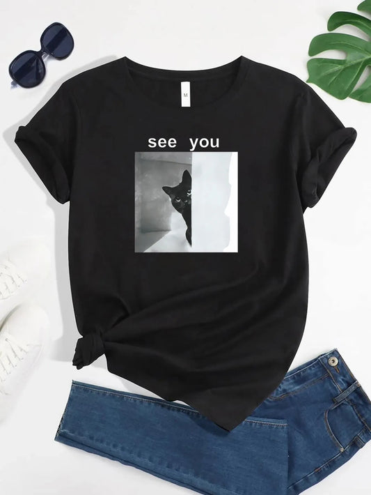 T-shirt med kat - Sort