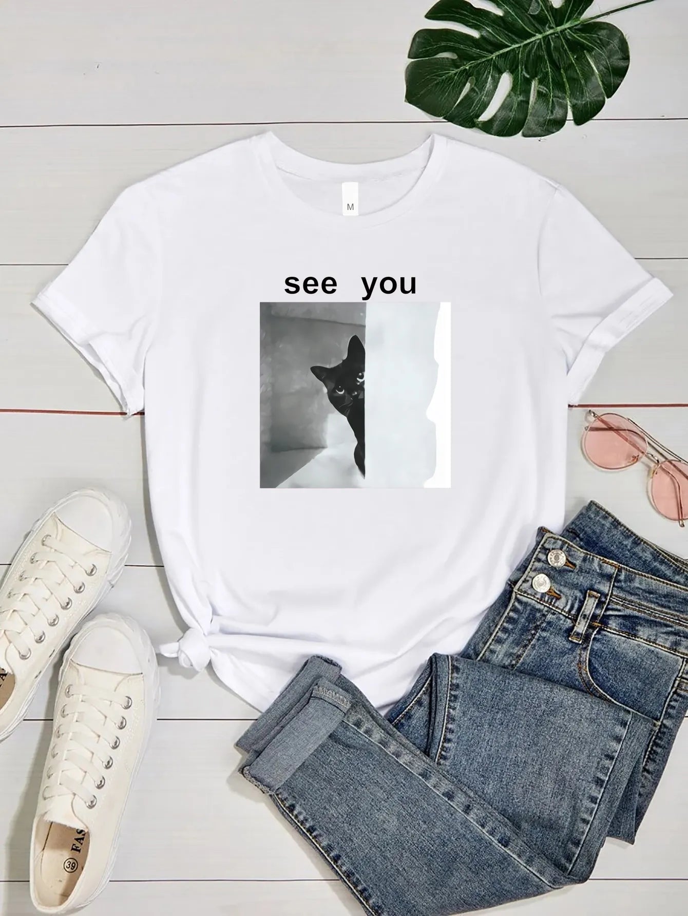 T-shirt med kat - Hvid